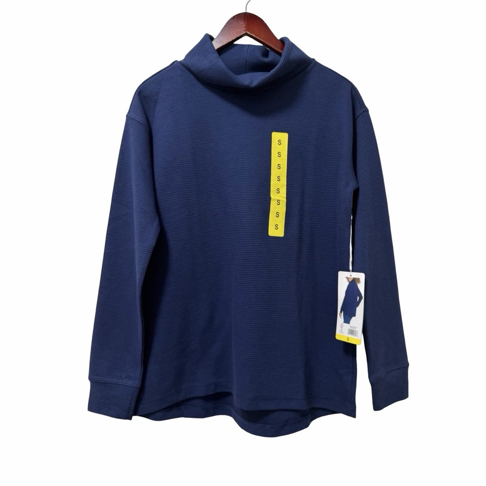 Lands End Womens Waffle Funnel Neck Long Sleeve Top Size S Navy Everyday Layers